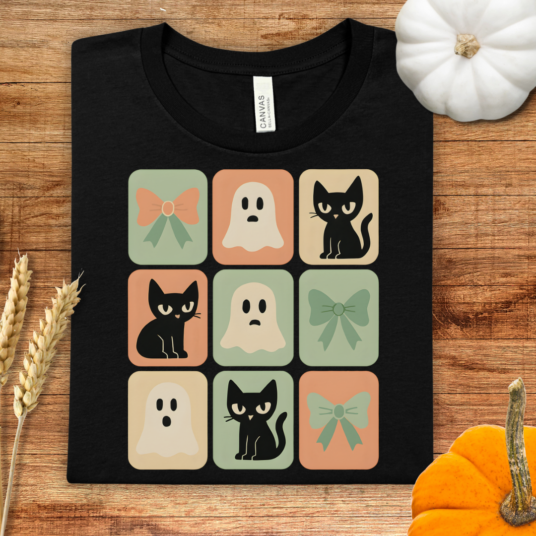 Cute Halloween Cat, Ghost and Coquette Bow T-Shirt