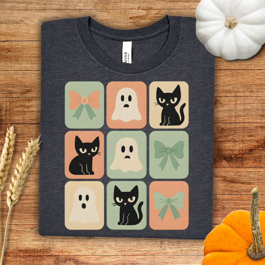 Cute Halloween Cat, Ghost and Coquette Bow T-Shirt