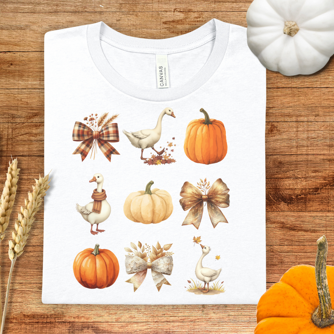 Pumpkin Goose and Coquette Bow Fall T-Shirt