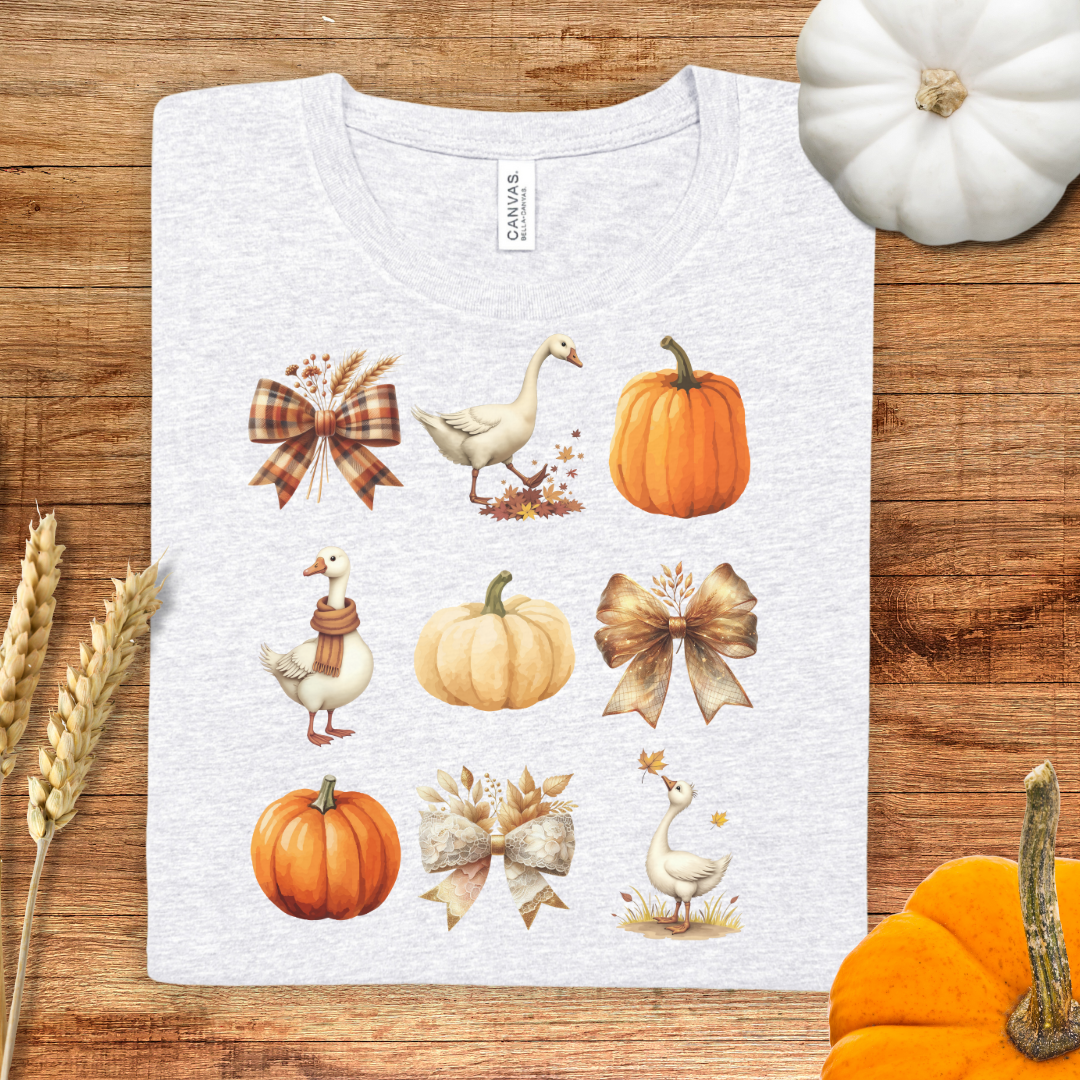 Pumpkin Goose and Coquette Bow Fall T-Shirt