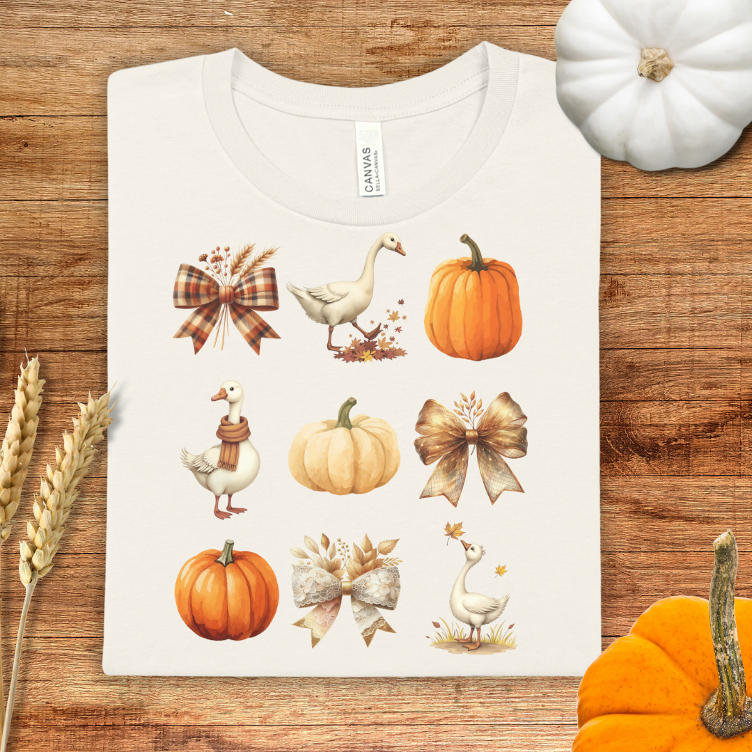 Pumpkin Goose and Coquette Bow Fall T-Shirt