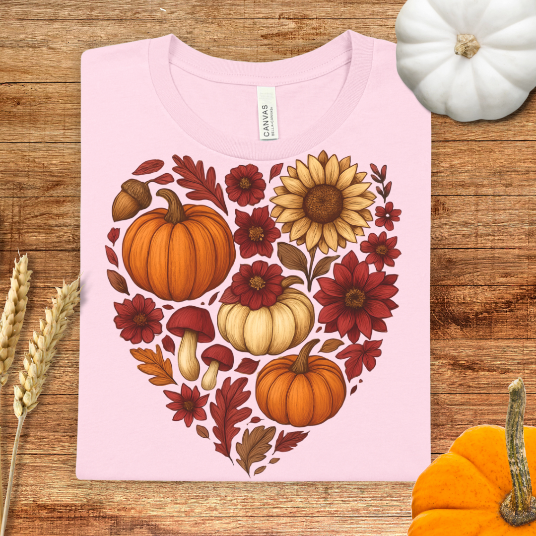 Autumn Red Heart Pumpkin Floral Fall T-Shirt