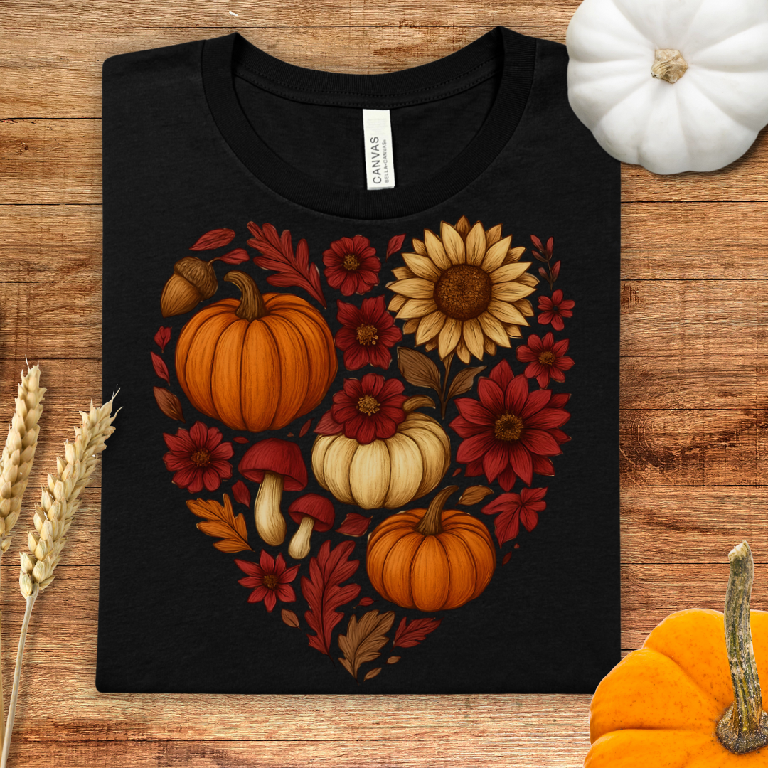 Autumn Red Heart Pumpkin Floral Fall T-Shirt