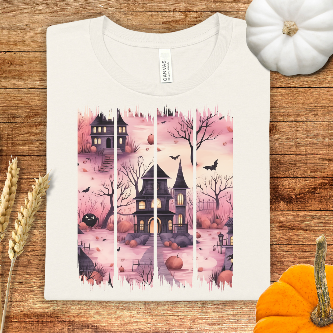 Pink Haunted House Brush Stroke Halloween T-Shirt