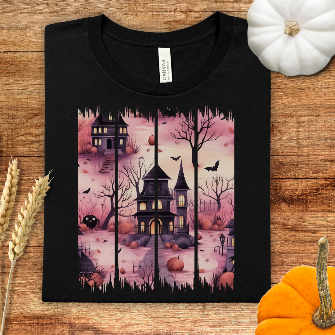 Pink Haunted House Brush Stroke Halloween T-Shirt