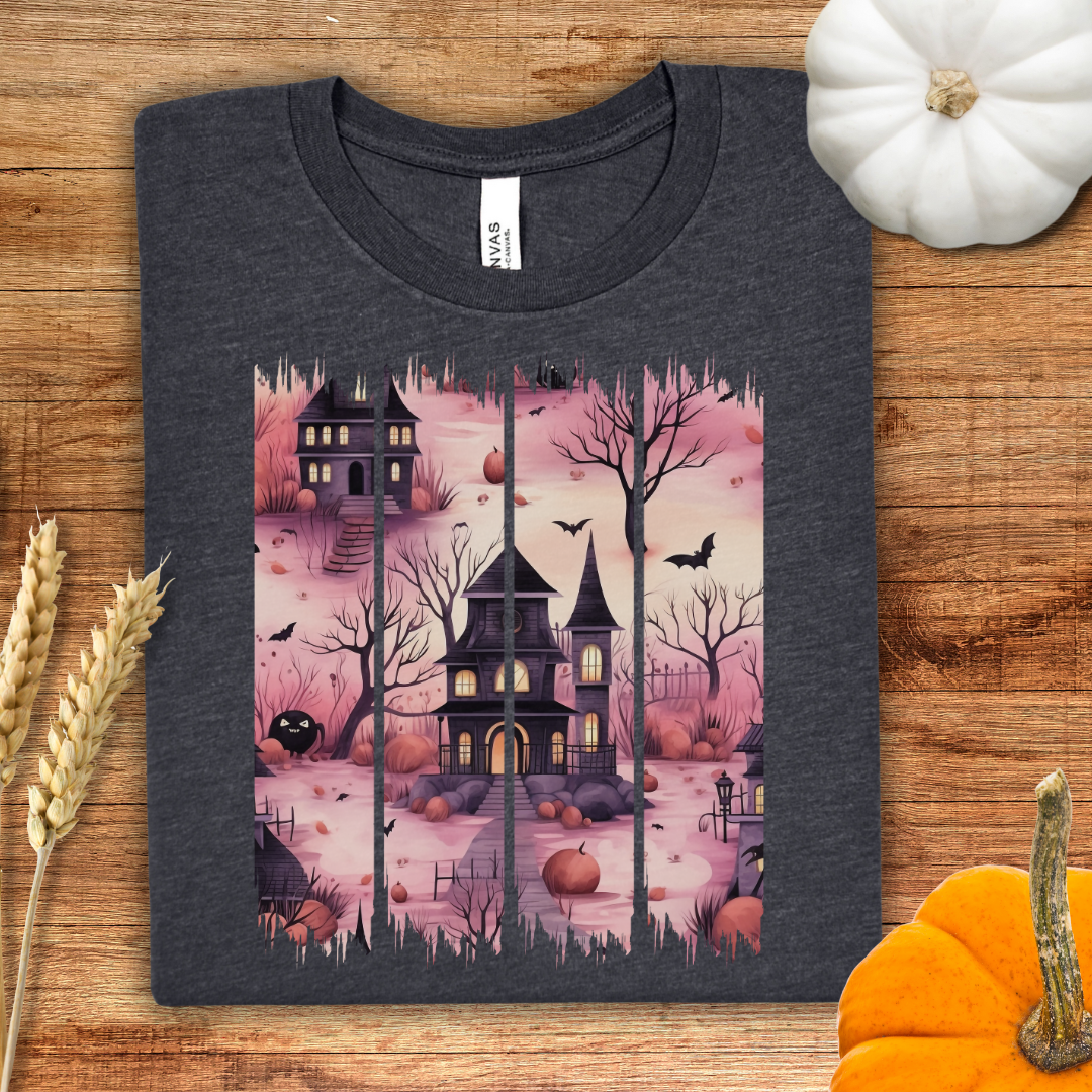 Pink Haunted House Brush Stroke Halloween T-Shirt