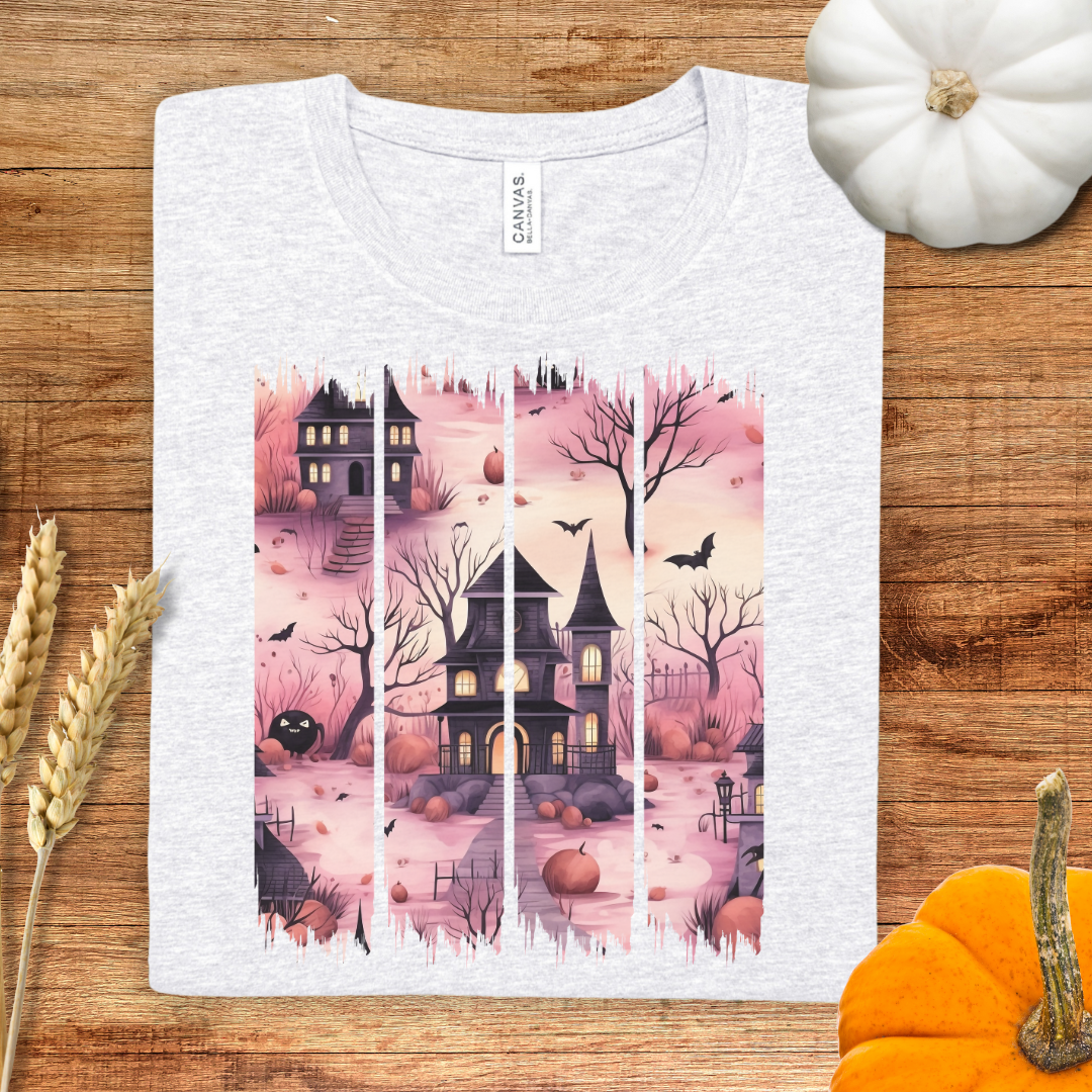 Pink Haunted House Brush Stroke Halloween T-Shirt