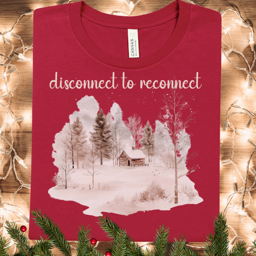 Disconnect to Reconnect Watercolor Winter Cabin T-Shirt