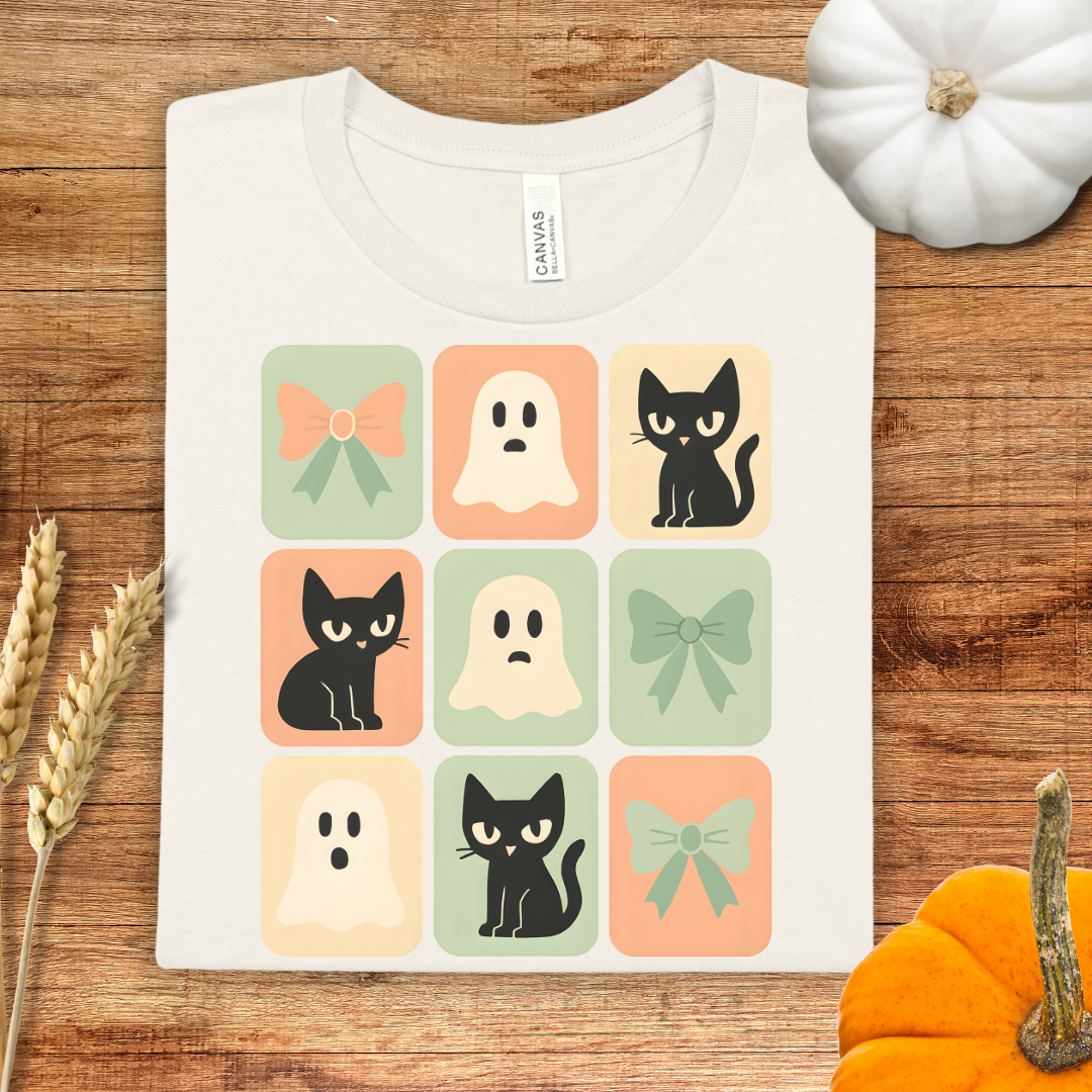 Cute Halloween Cat, Ghost and Coquette Bow T-Shirt