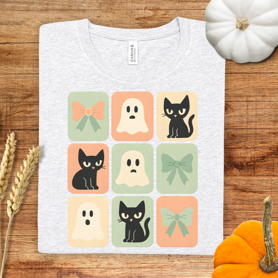 Cute Halloween Cat, Ghost and Coquette Bow T-Shirt