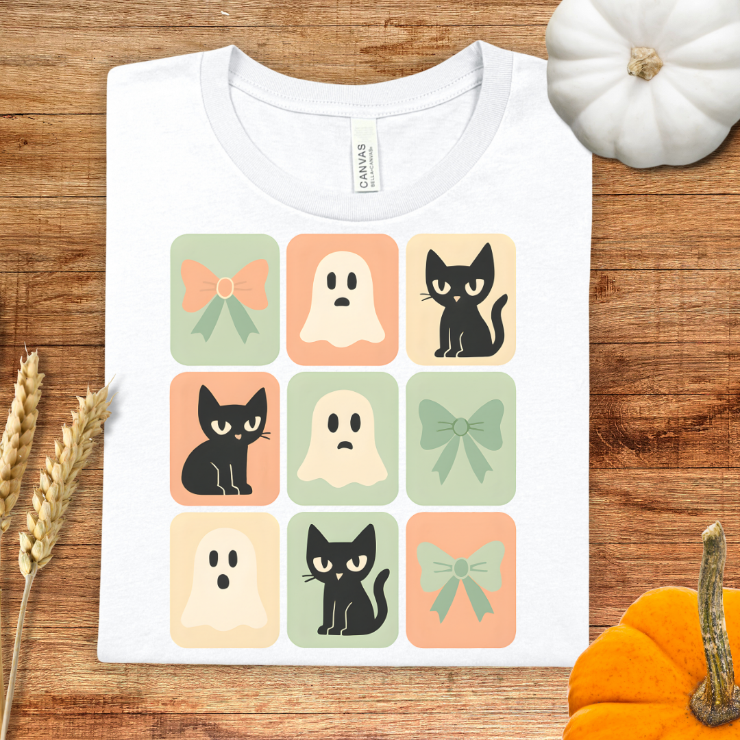 Cute Halloween Cat, Ghost and Coquette Bow T-Shirt