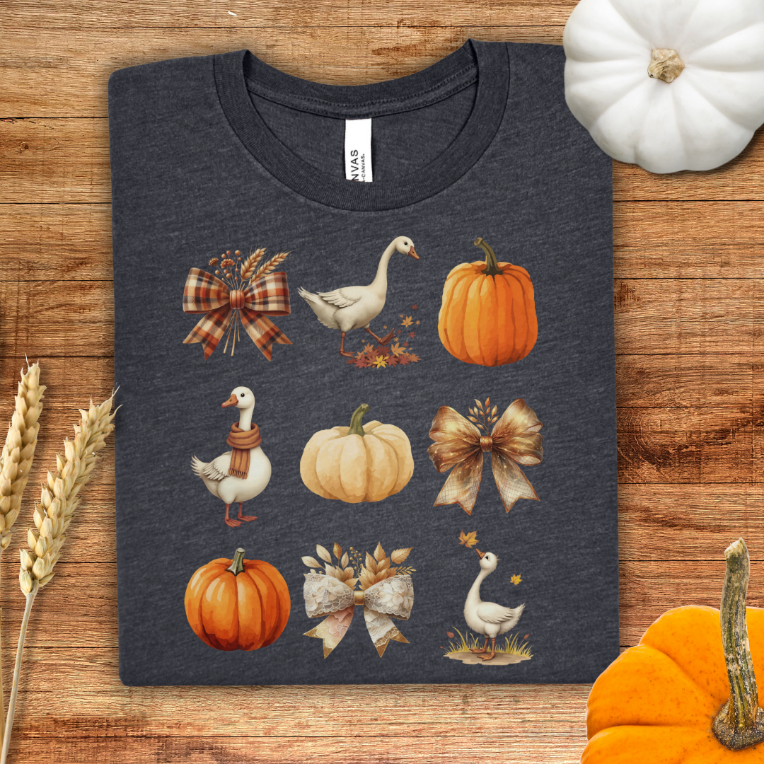 Pumpkin Goose and Coquette Bow Fall T-Shirt