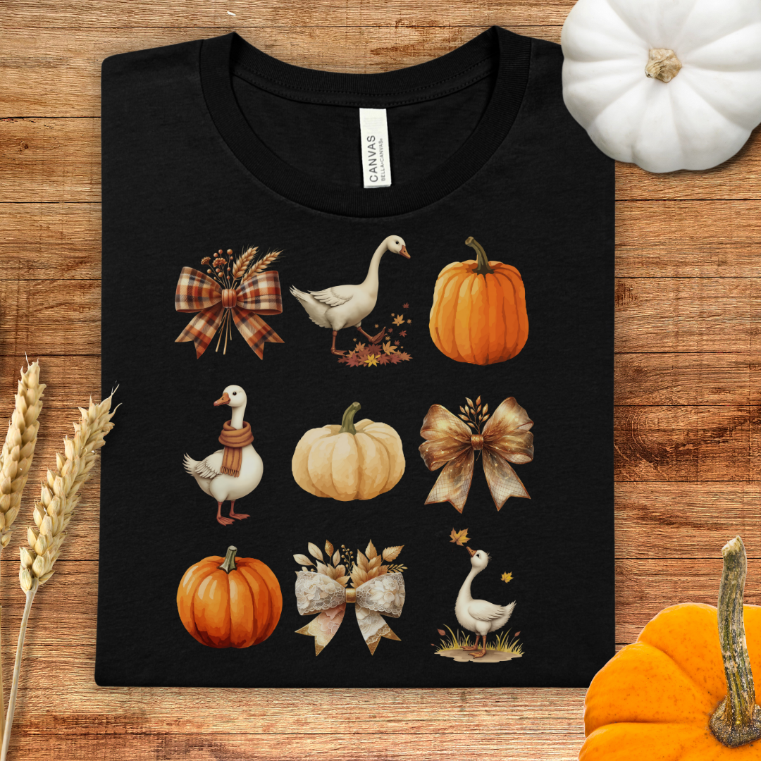 Pumpkin Goose and Coquette Bow Fall T-Shirt