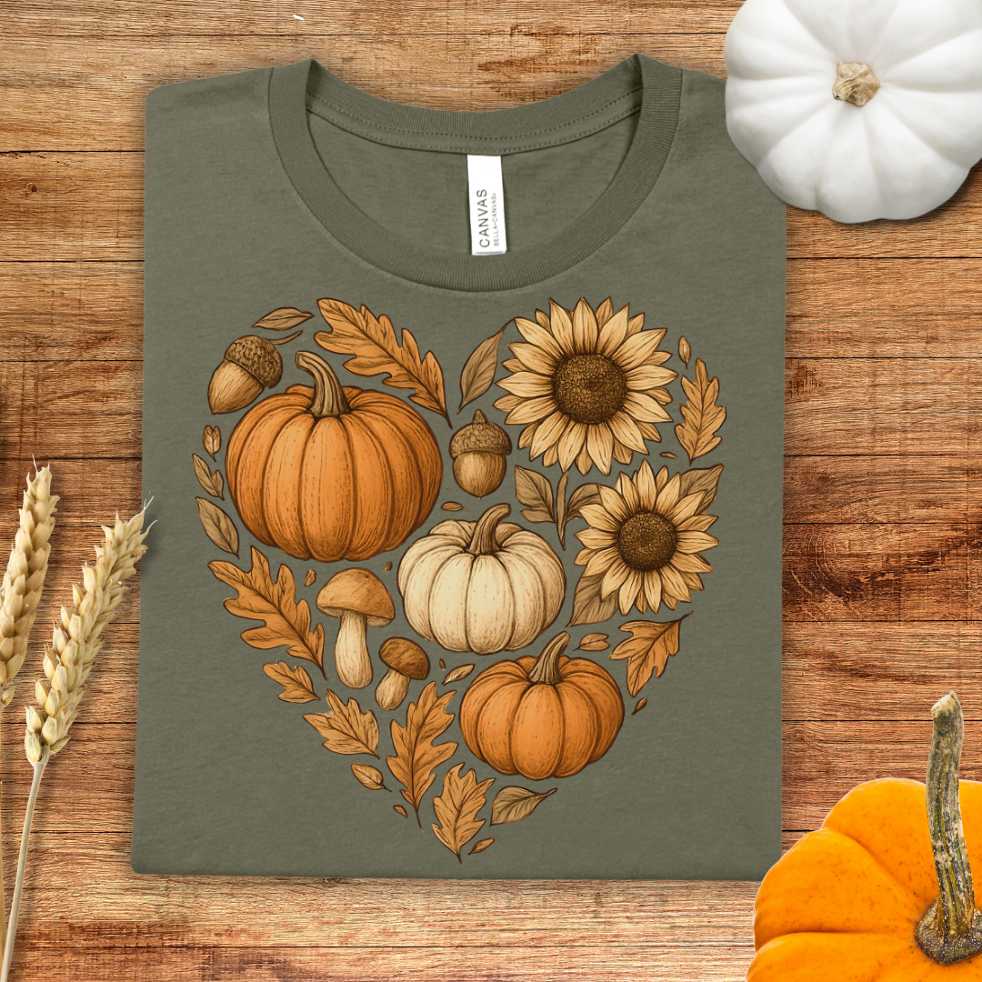Autumn Neutral Heart Pumpkin Floral Fall T-Shirt