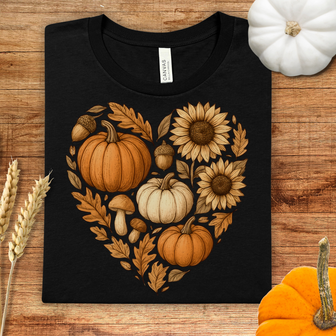 Autumn Neutral Heart Pumpkin Floral Fall T-Shirt