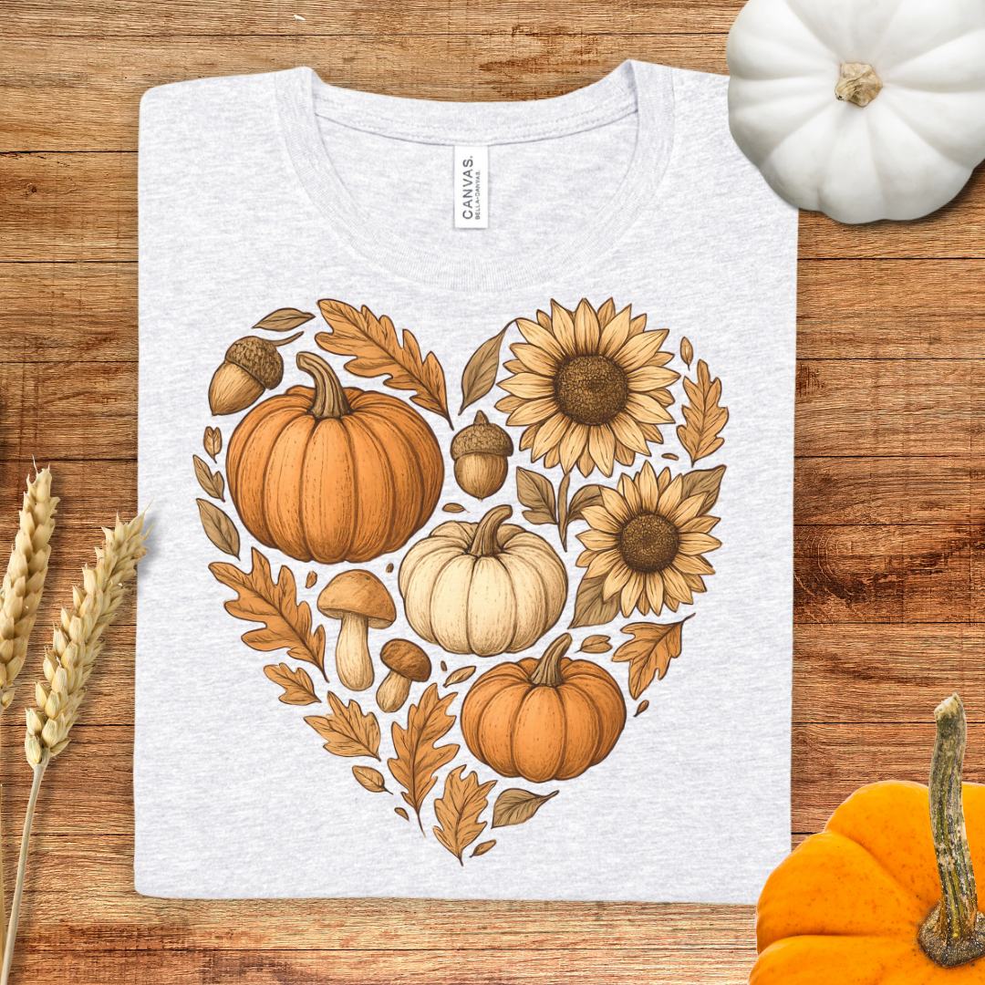 Autumn Neutral Heart Pumpkin Floral Fall T-Shirt