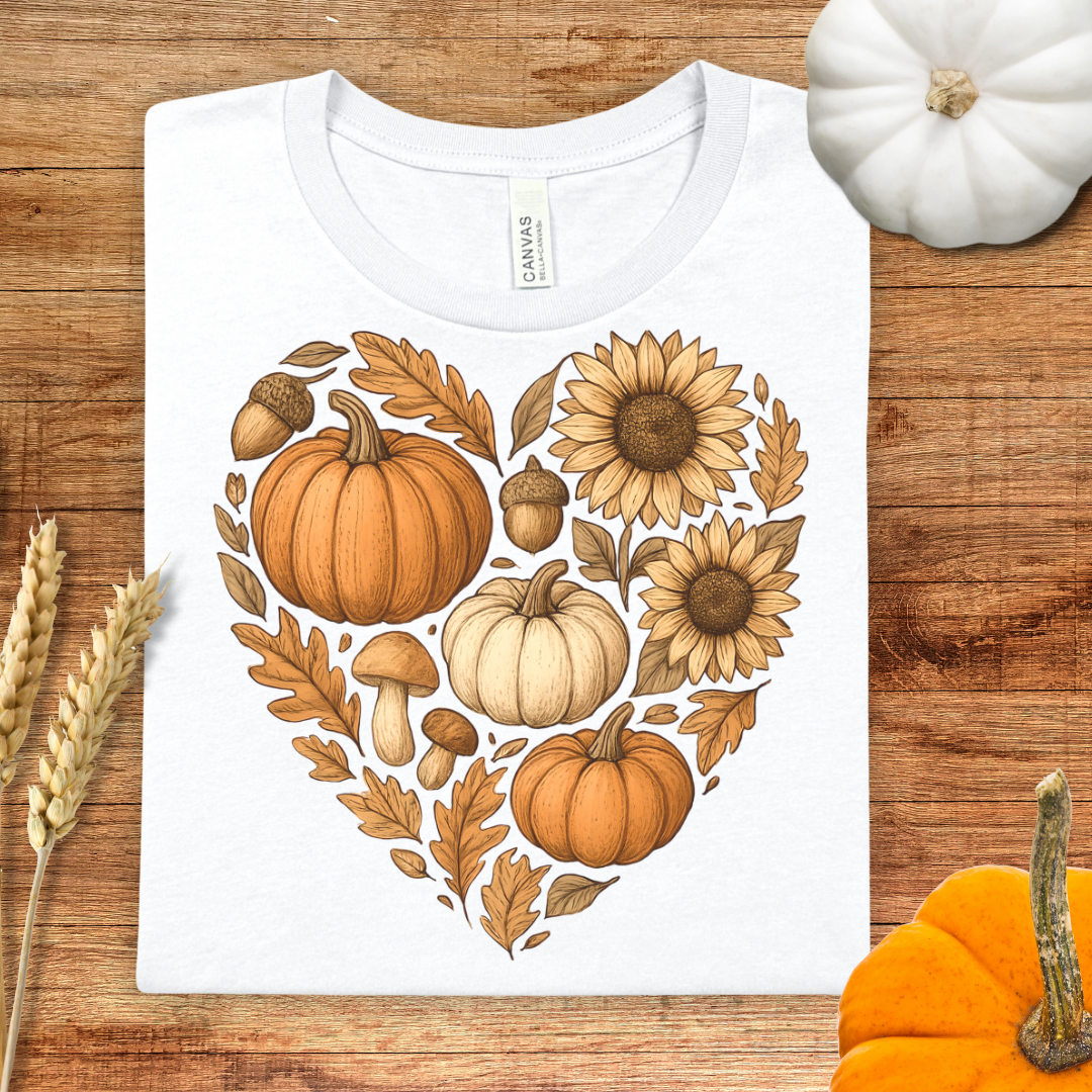 Autumn Neutral Heart Pumpkin Floral Fall T-Shirt