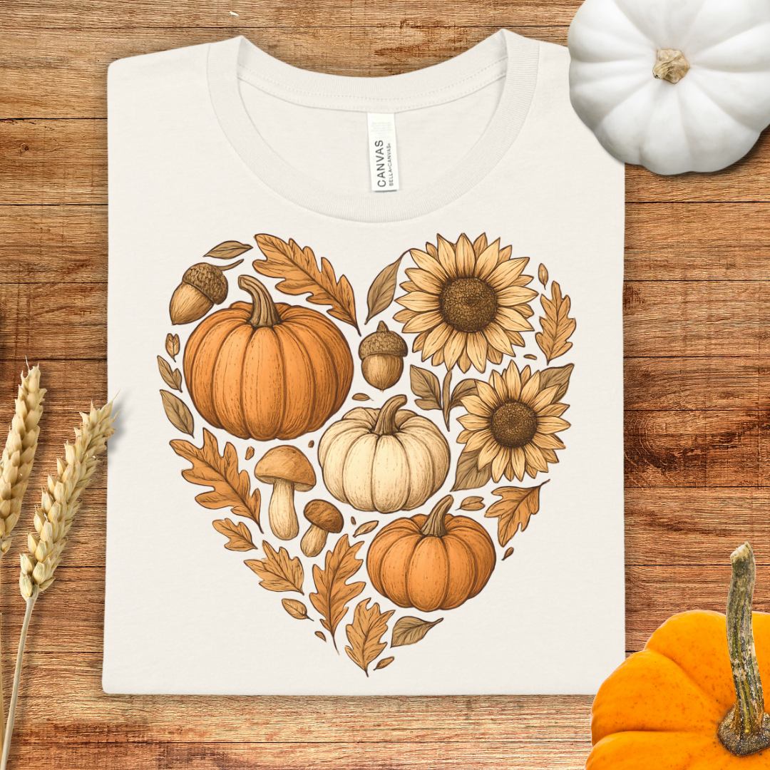 Autumn Neutral Heart Pumpkin Floral Fall T-Shirt