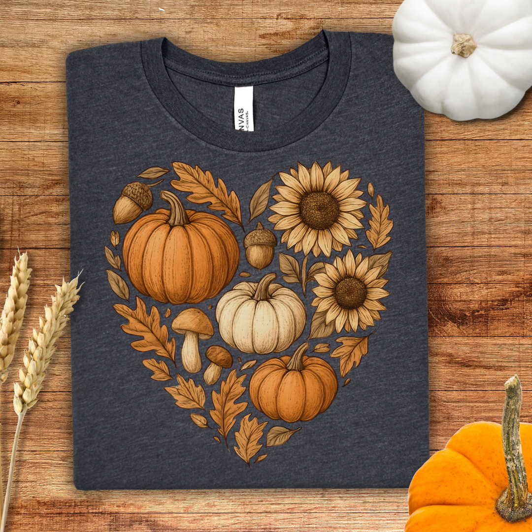 Autumn Neutral Heart Pumpkin Floral Fall T-Shirt
