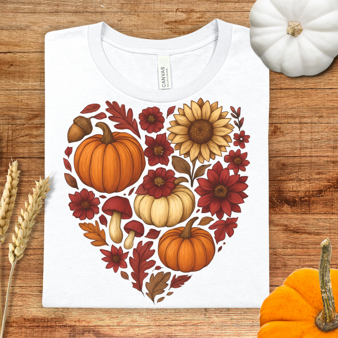 Autumn Red Heart Pumpkin Floral Fall T-Shirt