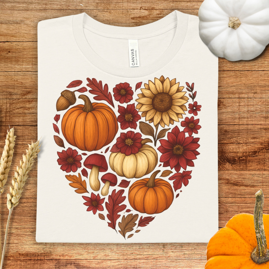 Autumn Red Heart Pumpkin Floral Fall T-Shirt