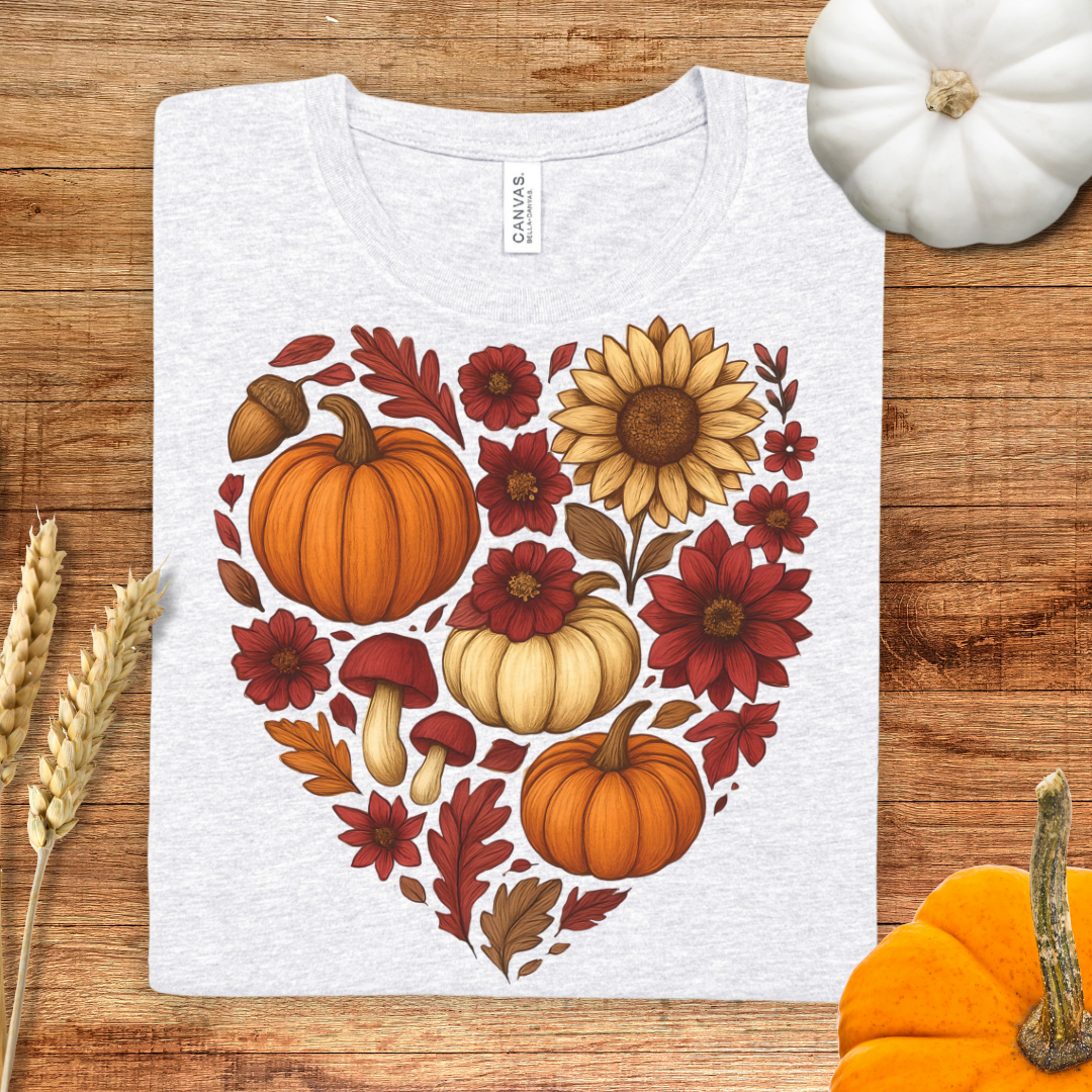 Autumn Red Heart Pumpkin Floral Fall T-Shirt