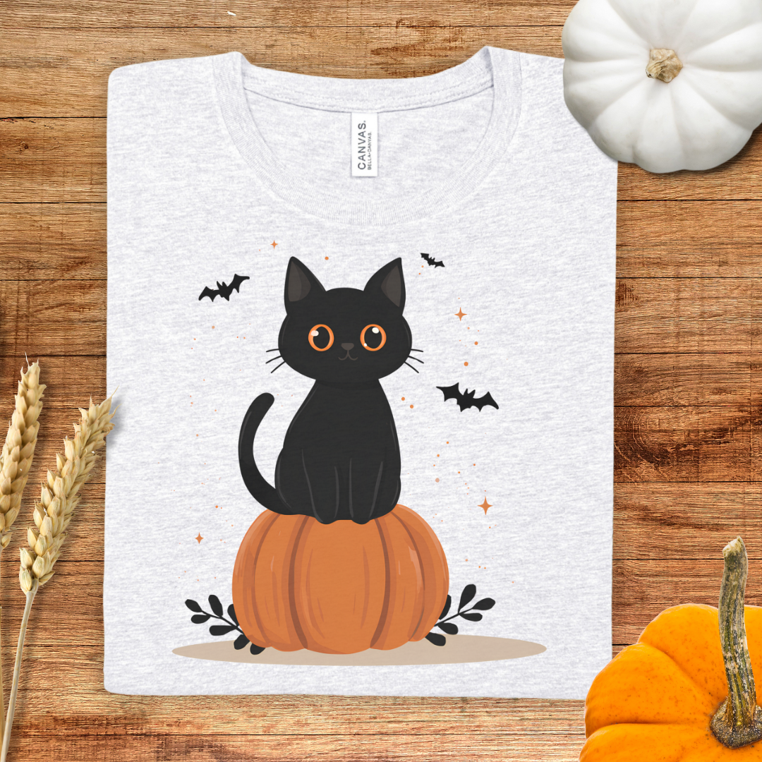 Cat on Pumpkin Halloween T-Shirt
