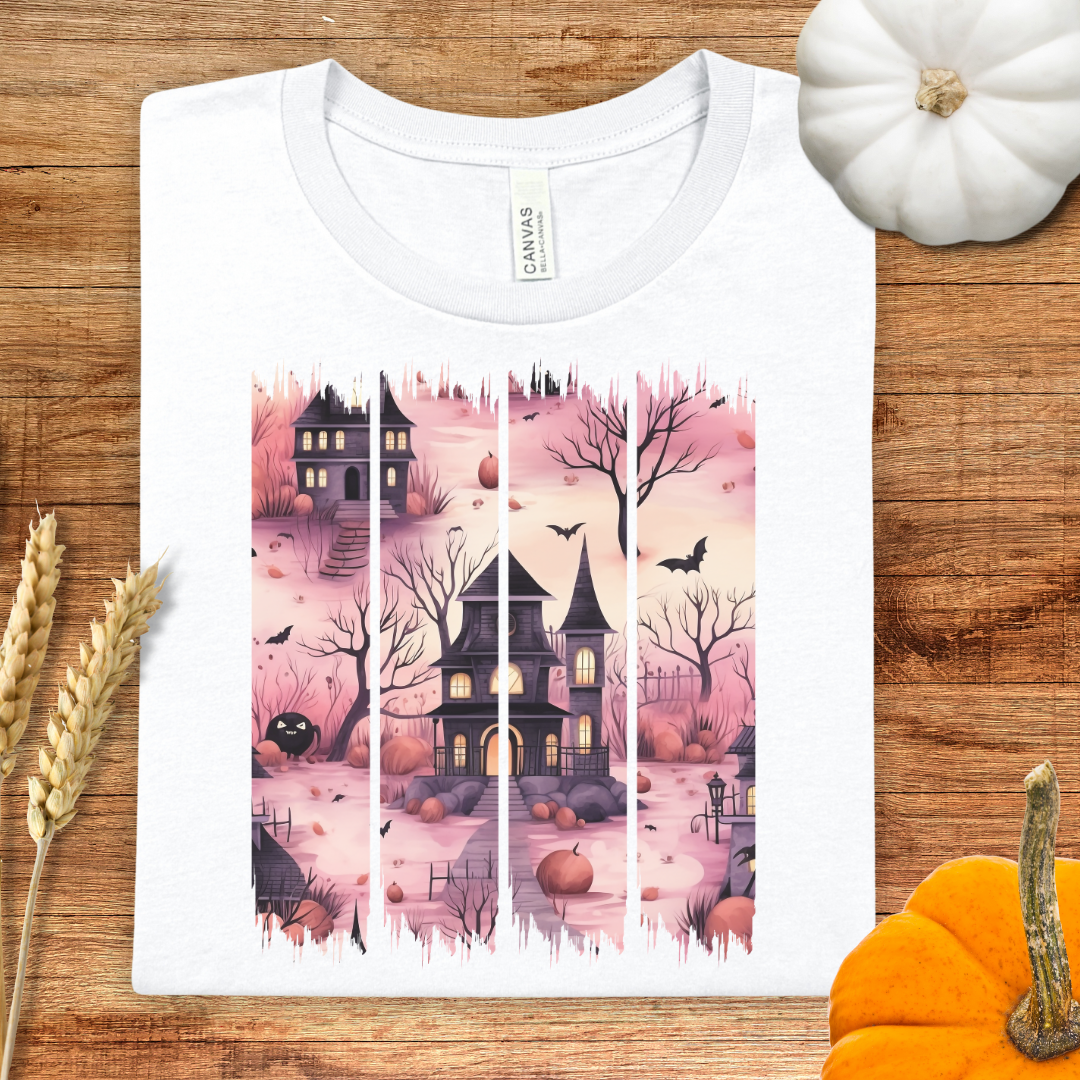 Pink Haunted House Brush Stroke Halloween T-Shirt