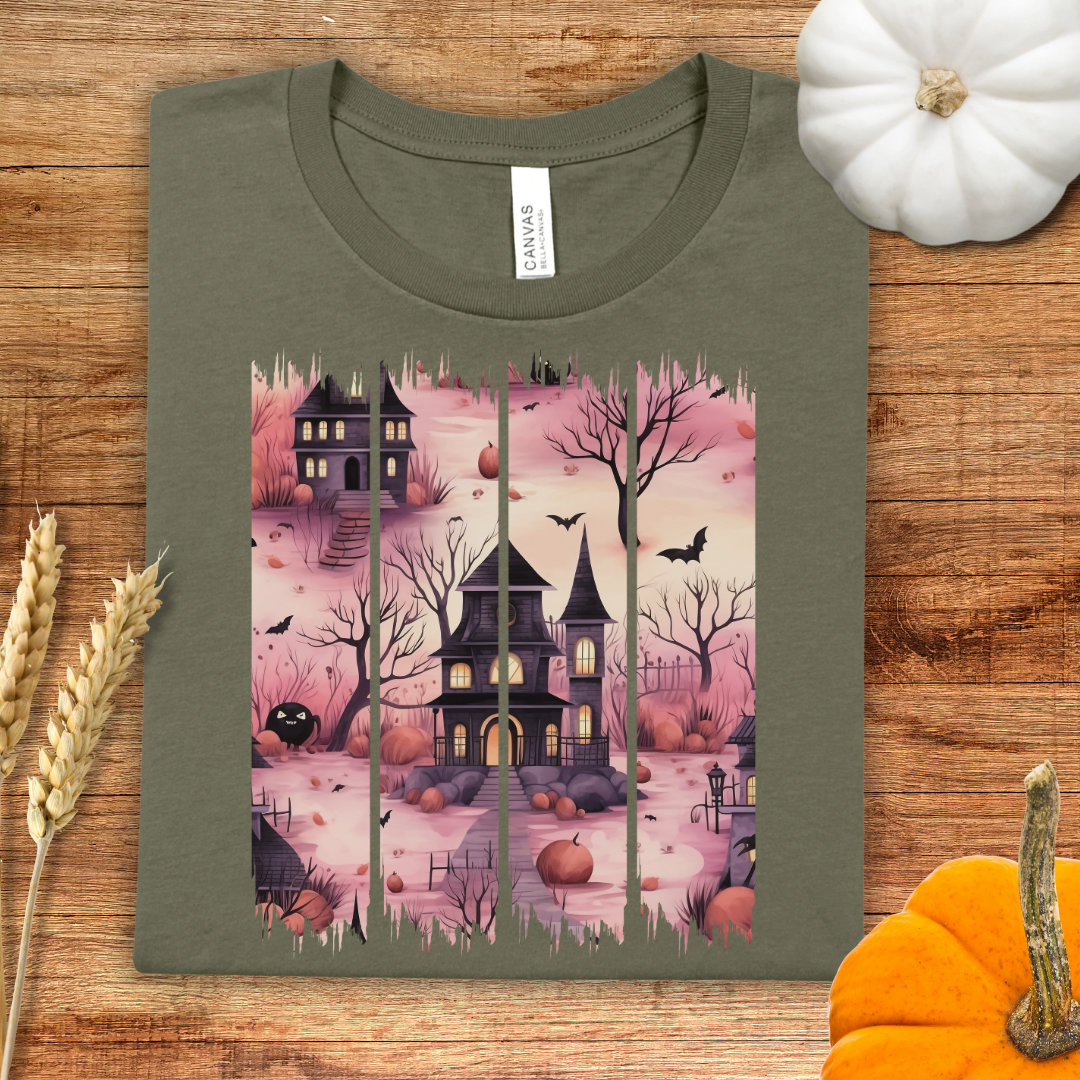 Pink Haunted House Brush Stroke Halloween T-Shirt