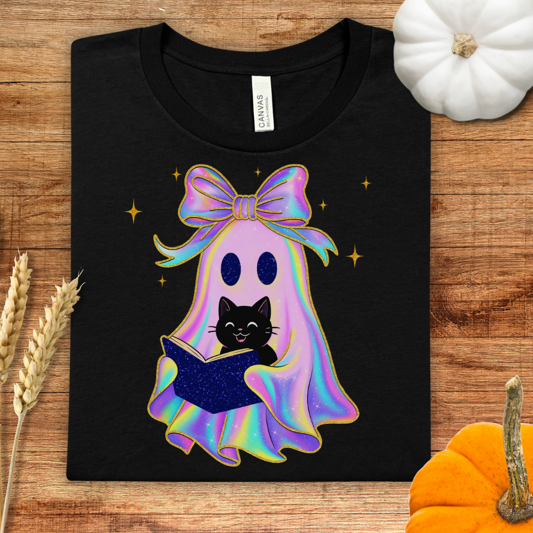 Cute Iridescent Ghost and Cat Halloween T-Shirt