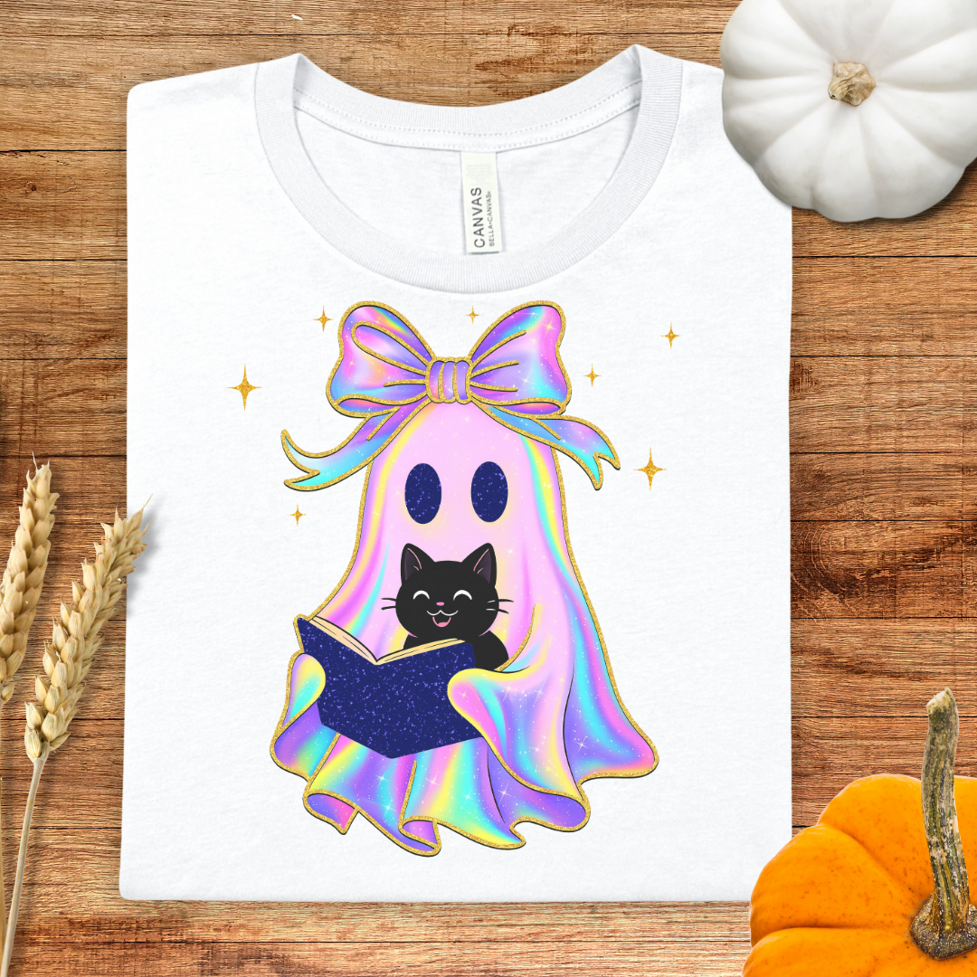 Cute Iridescent Ghost and Cat Halloween T-Shirt