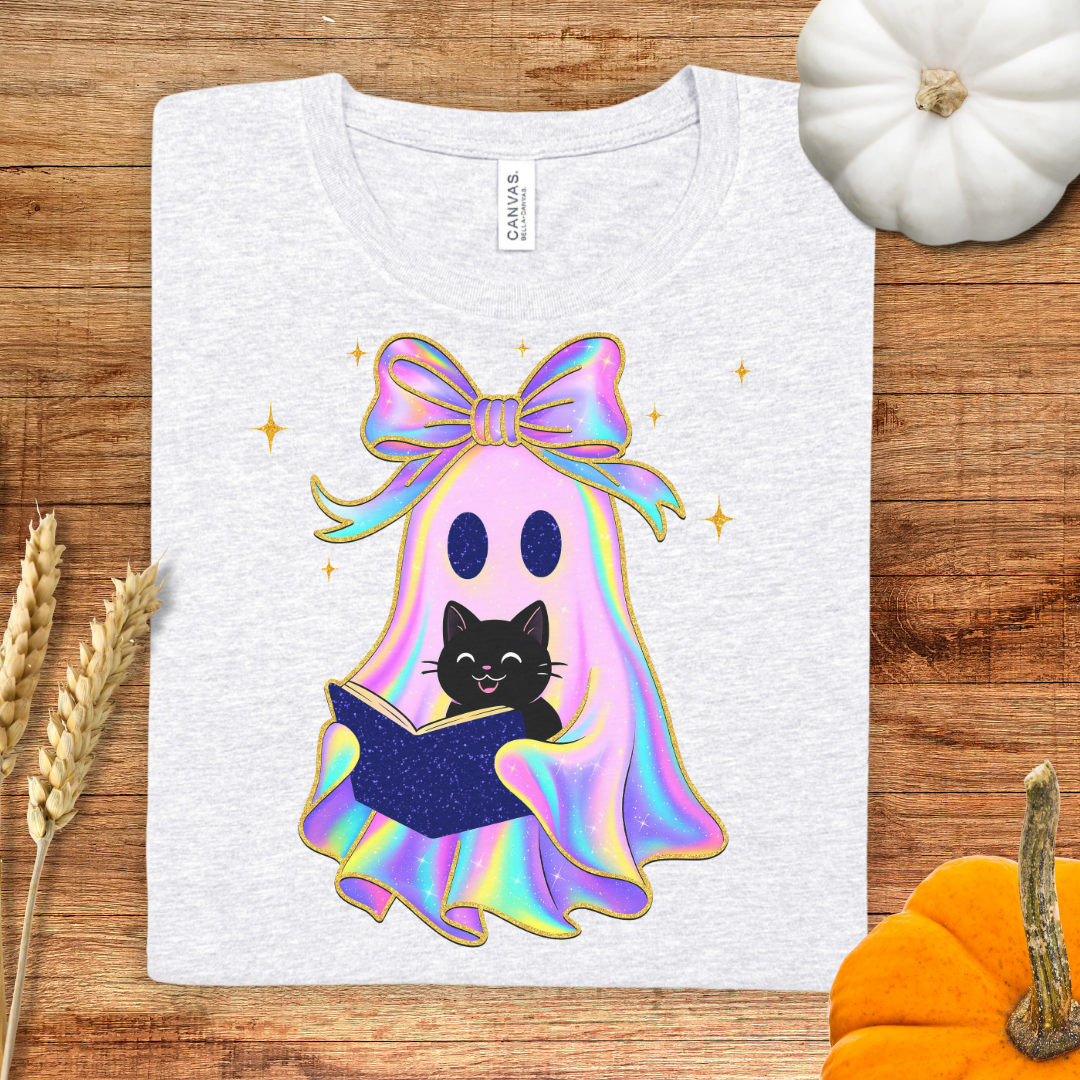 Cute Iridescent Ghost and Cat Halloween T-Shirt