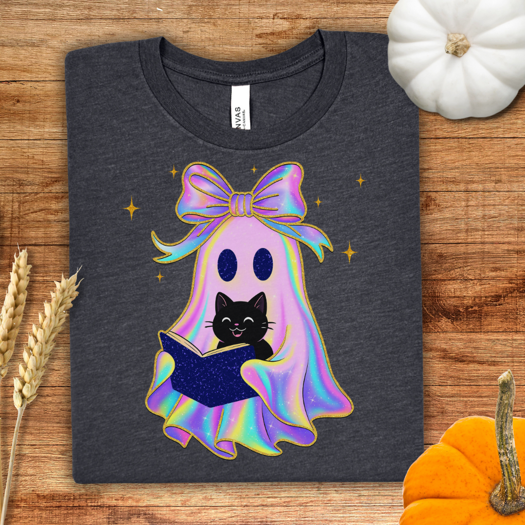 Cute Iridescent Ghost and Cat Halloween T-Shirt