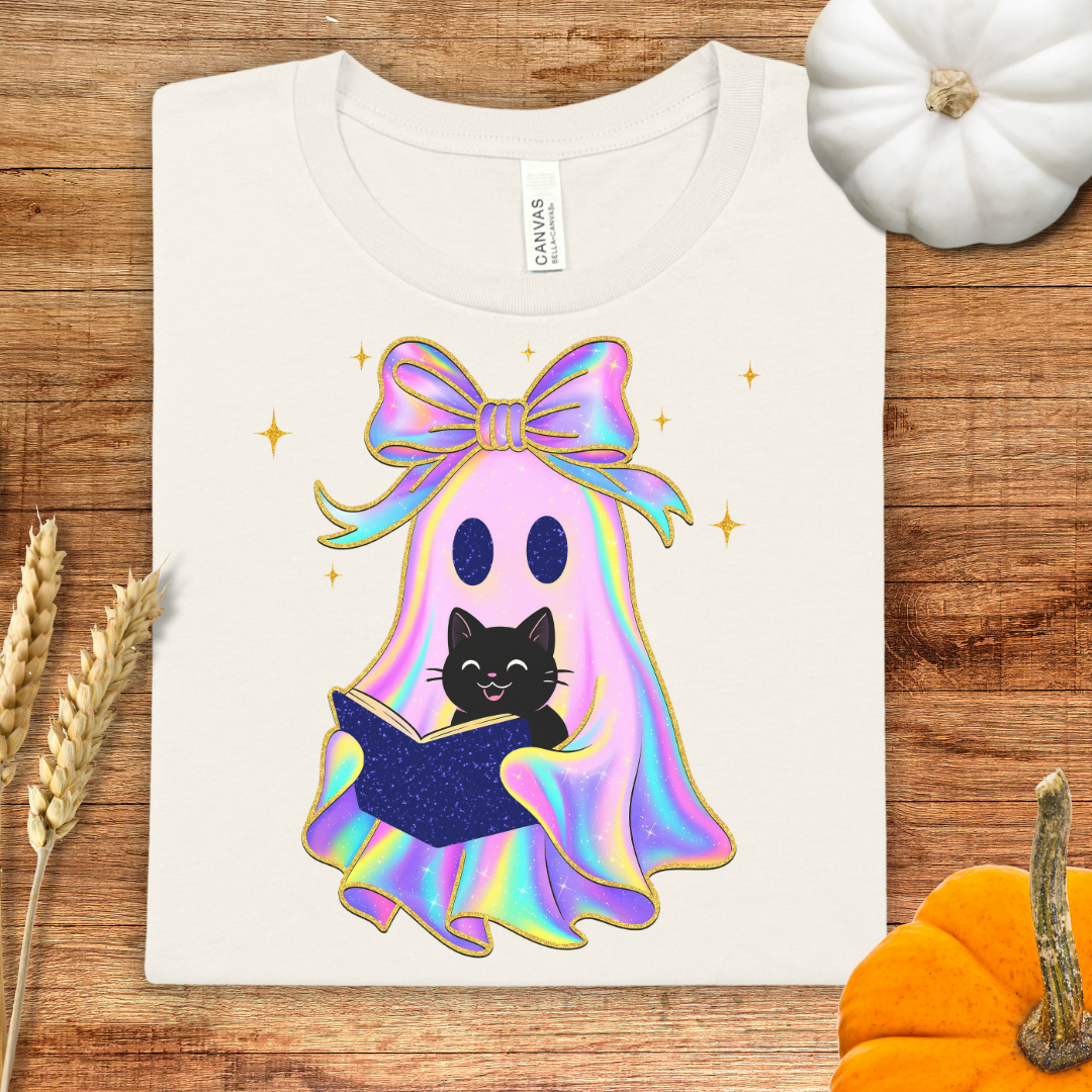 Cute Iridescent Ghost and Cat Halloween T-Shirt