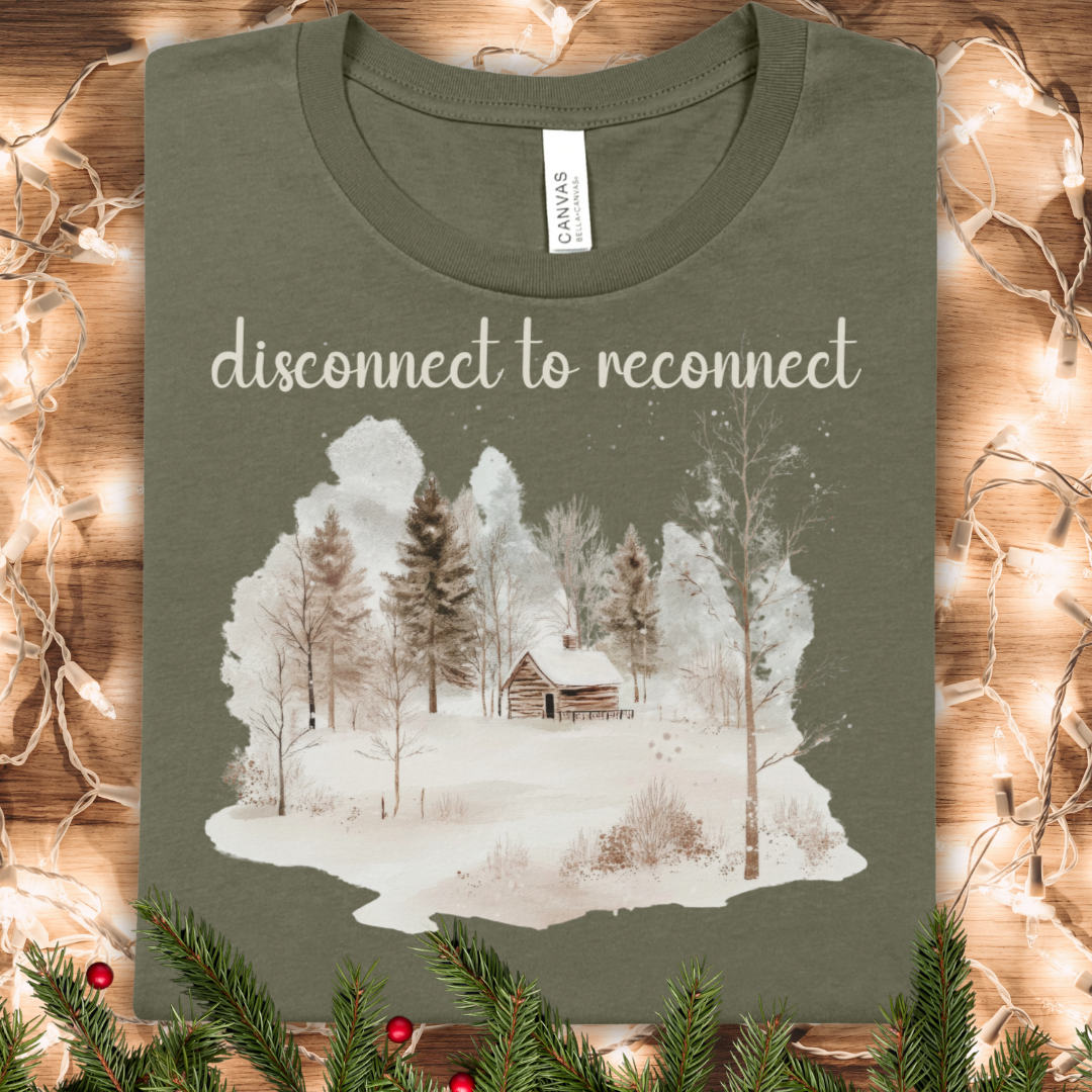 Disconnect to Reconnect Watercolor Winter Cabin T-Shirt