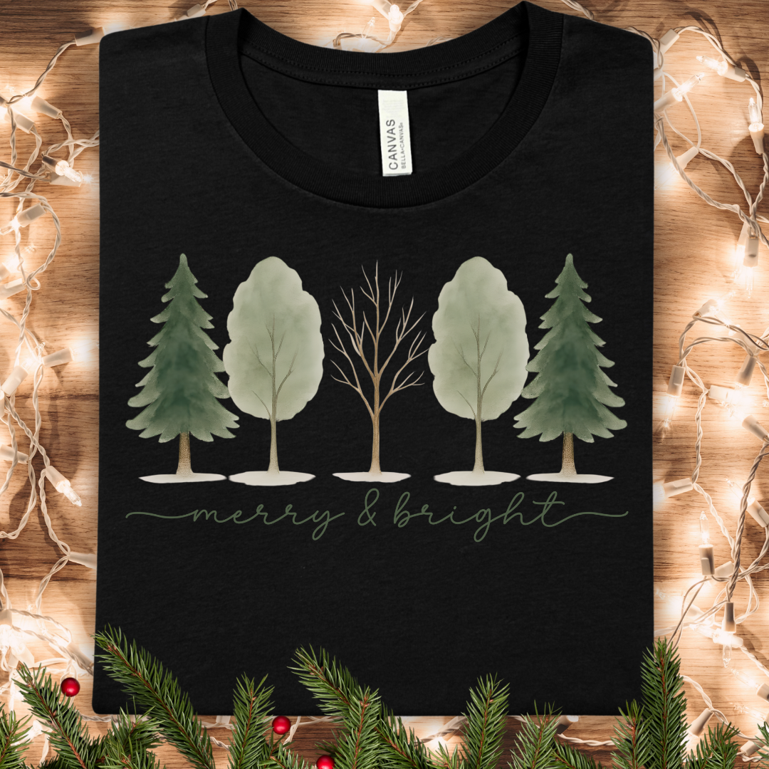 Watercolor Winter Trees Merry & Bright T-Shirt