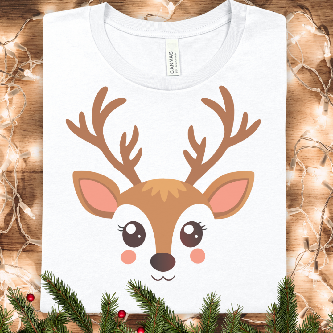 Cute Reindeer Face Tee - Christmas Holiday T-Shirt