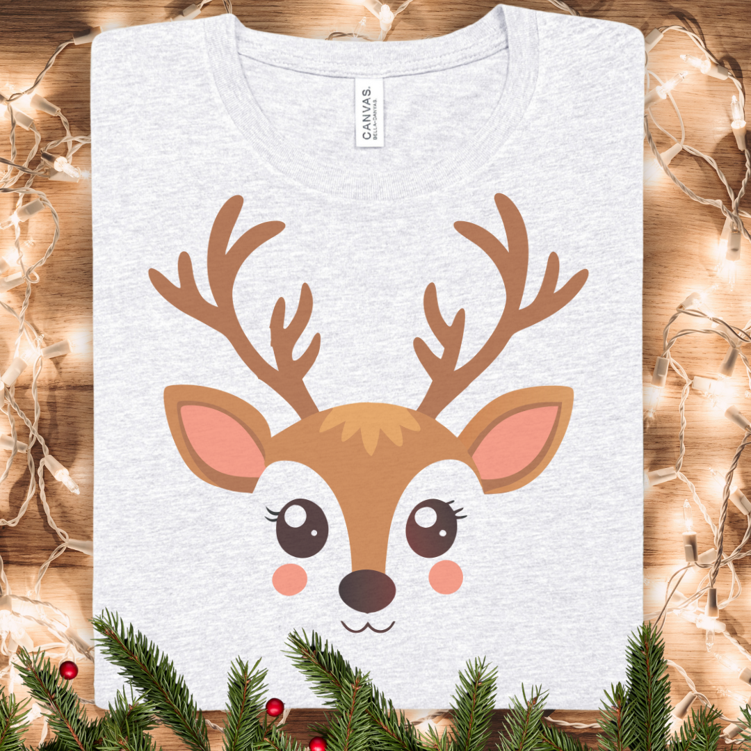 Cute Reindeer Face Tee - Christmas Holiday T-Shirt