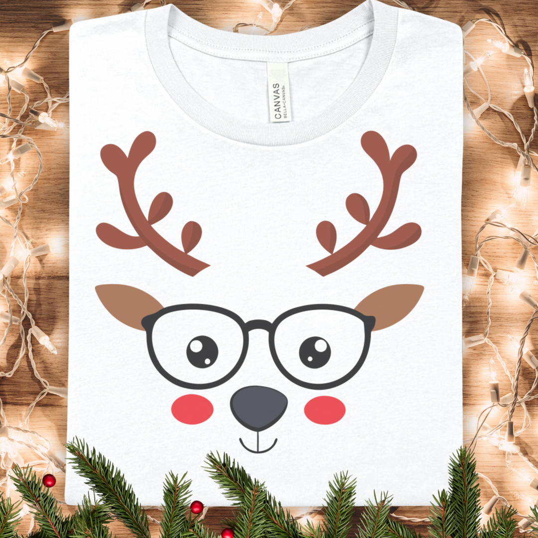 Cute Glasses Reindeer Tee — Holiday Christmas Shirt