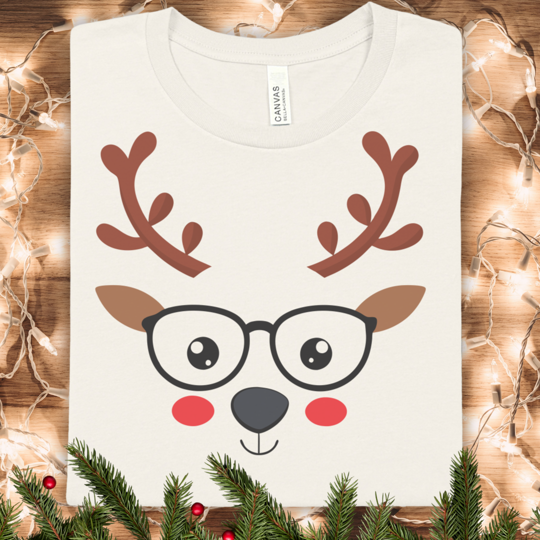 Cute Glasses Reindeer Tee — Holiday Christmas Shirt