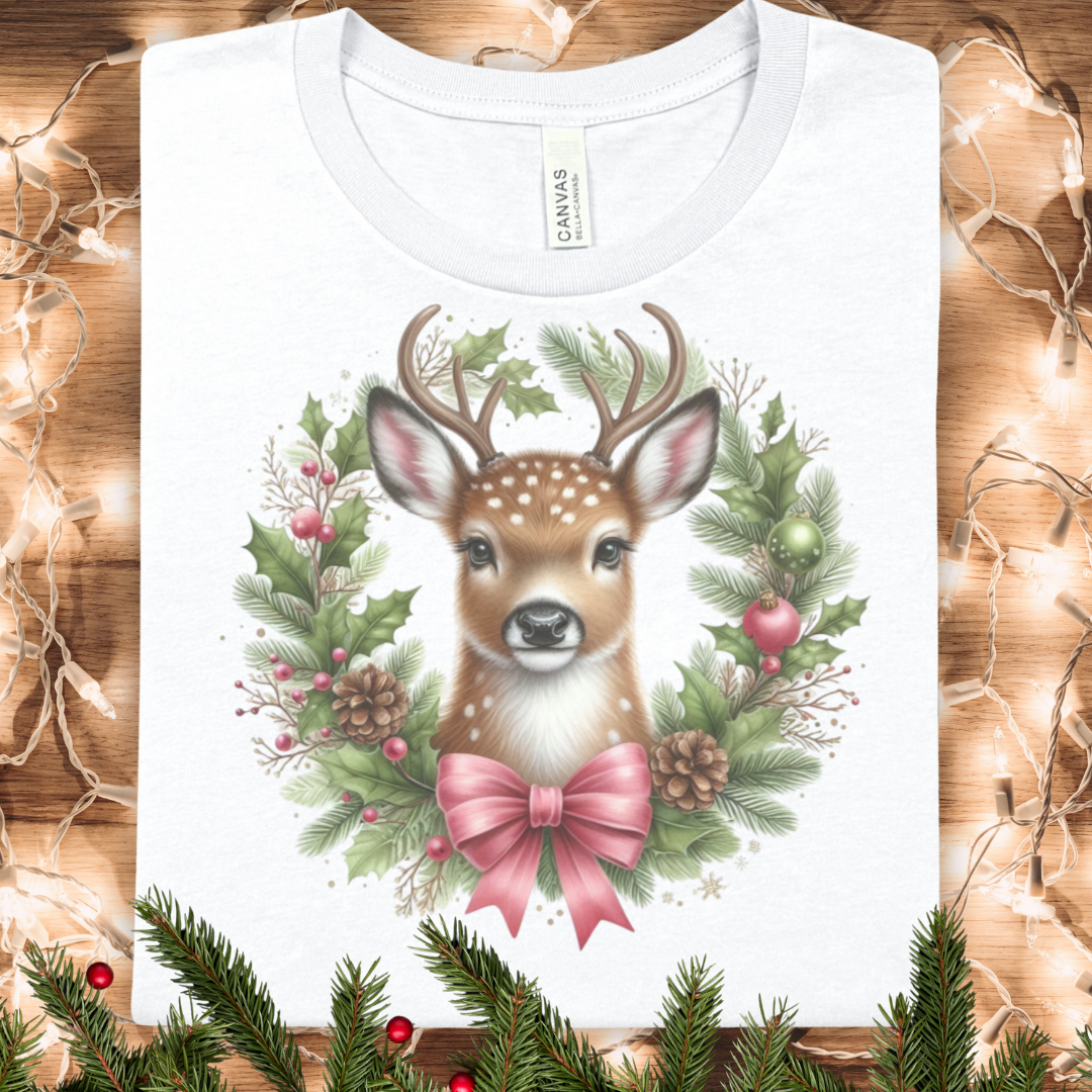 Christmas Deer Wreath Tee - Festive Buck with Holly & Coquette Bow T-Shirt