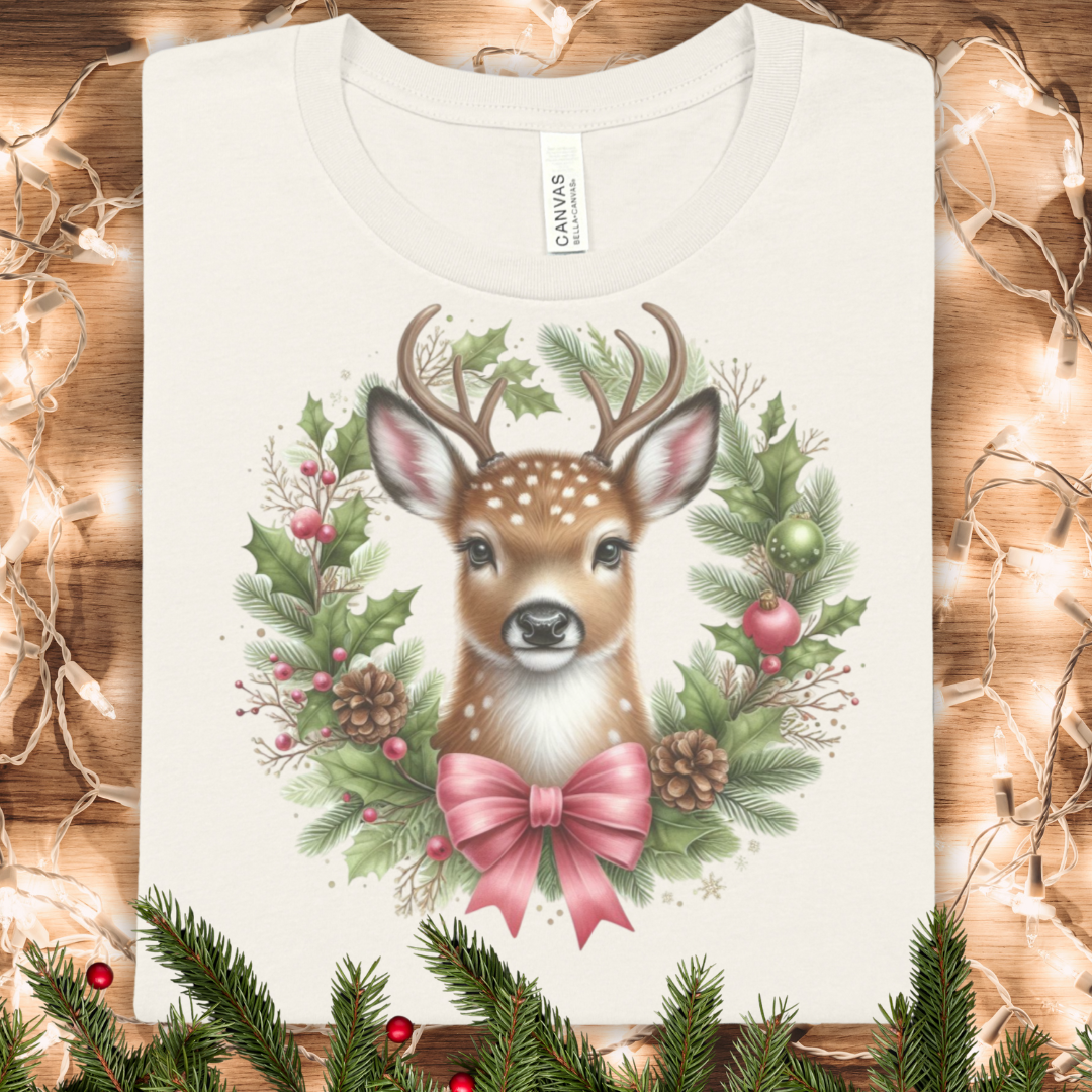 Christmas Deer Wreath Tee - Festive Buck with Holly & Coquette Bow T-Shirt