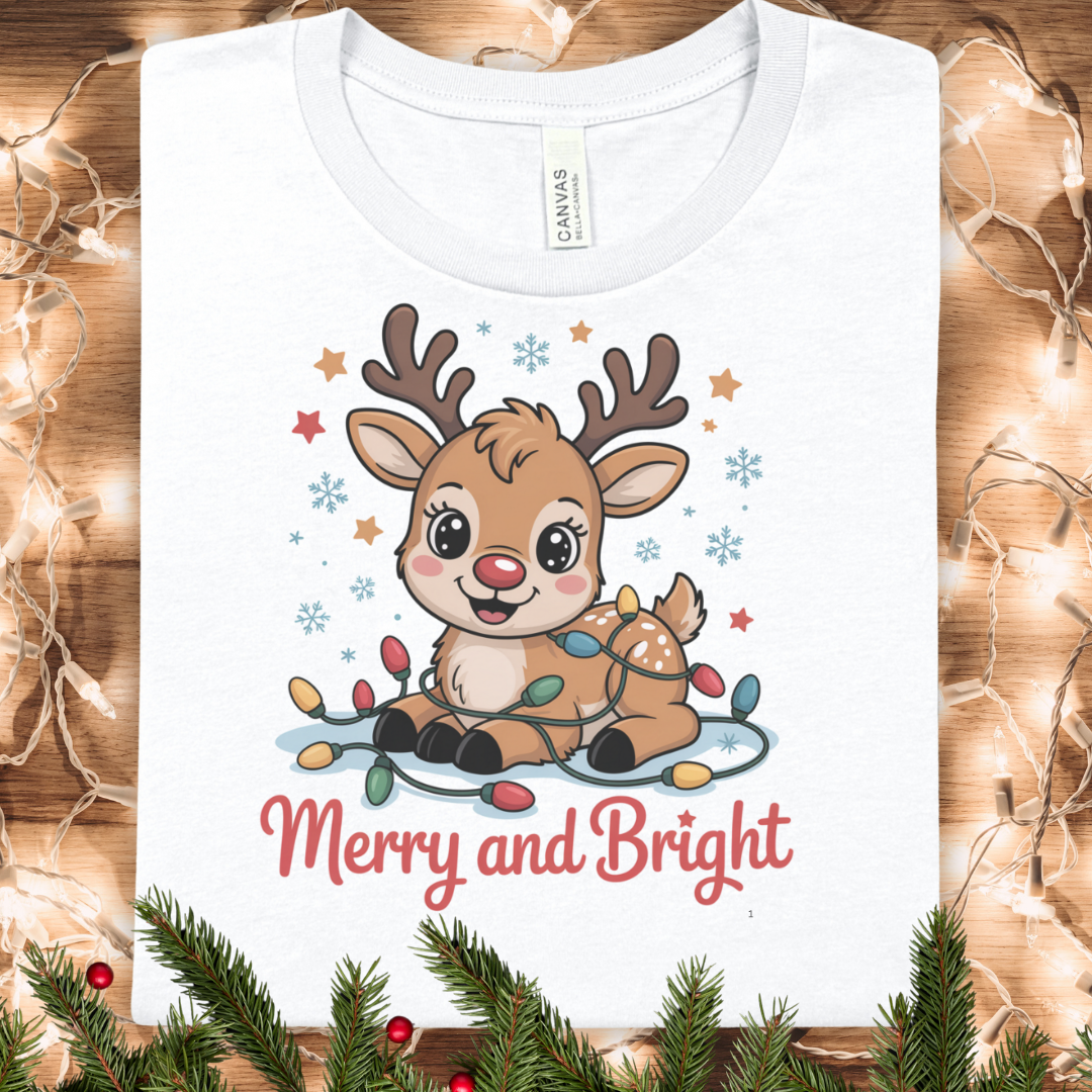 Merry and Bright Reindeer Holiday Tee