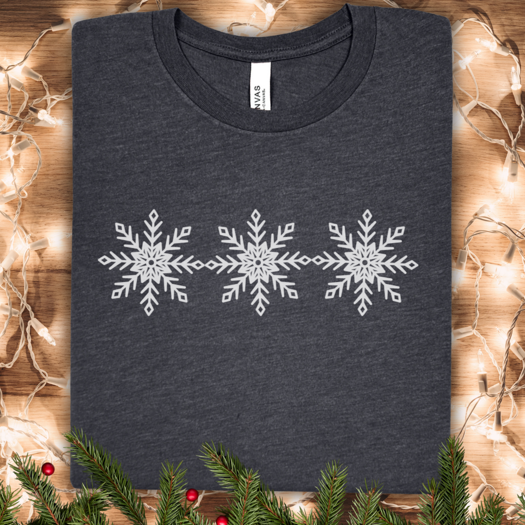 Snowflake Trio Tee — Minimal Winter Graphic T-Shirt