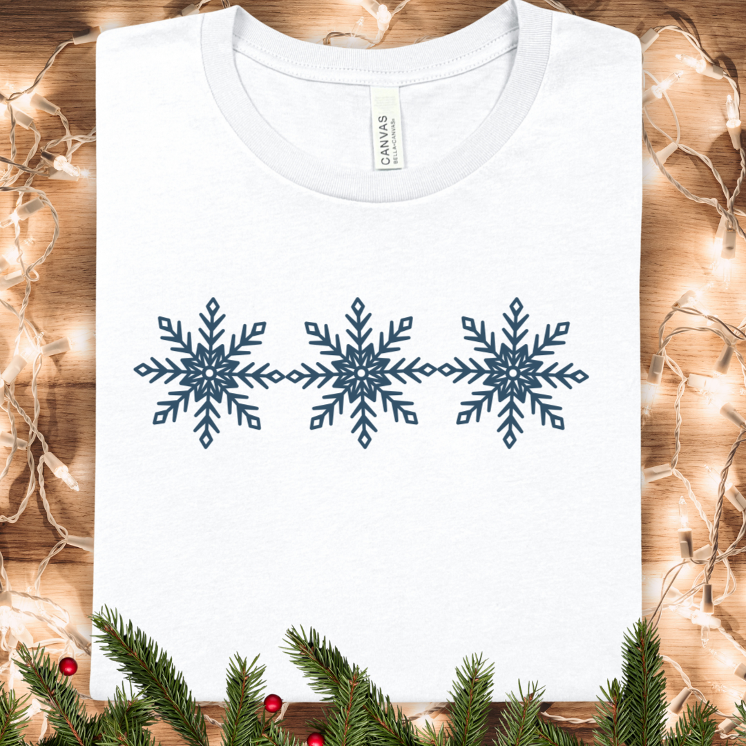 Snowflake Trio Tee — Minimal Winter Graphic T-Shirt