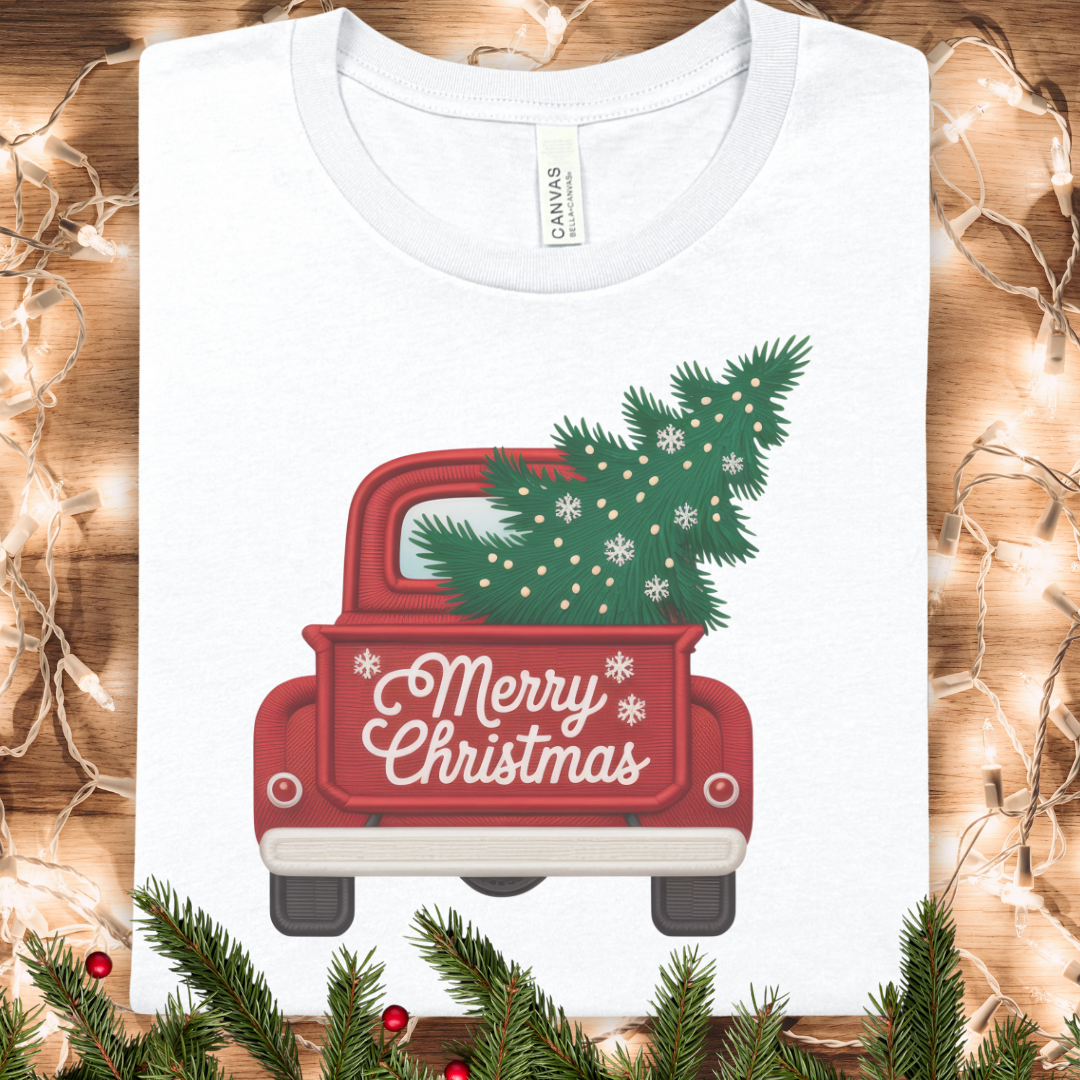 Faux Embroidery Christmas Truck T‑Shirt — 'Merry Christmas' Tree Pickup Holiday Tee