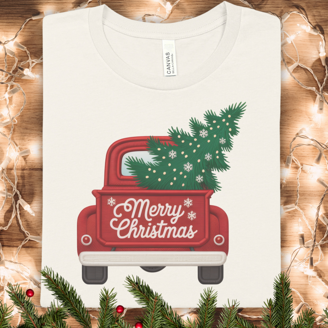 Faux Embroidery Christmas Truck T‑Shirt — 'Merry Christmas' Tree Pickup Holiday Tee