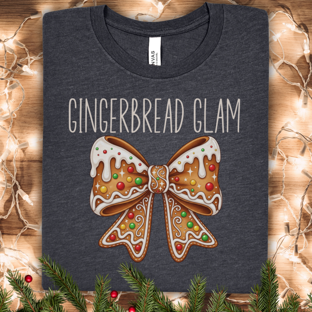 Gingerbread Glam Tee — Festive Holiday Coquette Bow Christmas T-Shirt