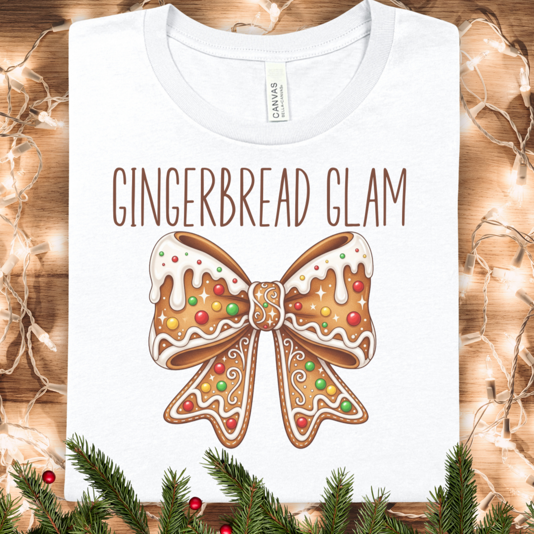 Gingerbread Glam Tee — Festive Holiday Coquette Bow Christmas T-Shirt