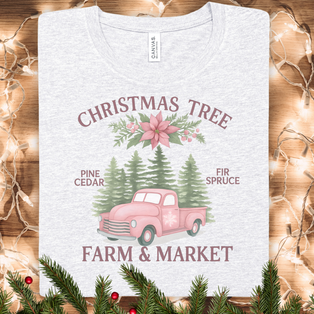 Christmas Tree Farm & Market Tee — Pink Truck Holiday T-Shirt